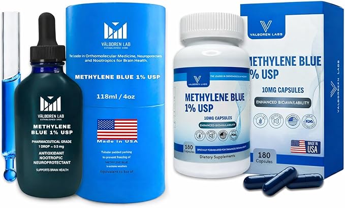 Methylene Blue 1% Liquid (4oz) + 10mg Capsules Bundle – Pharmaceutical Grade – 118ML Drops &amp 180 Vegan Pills – Made in USA – Third Party Tested – Alcohol Free Dietary Supplement