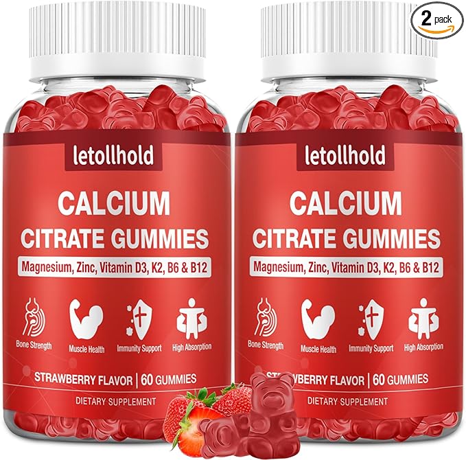 Calcium Citrate Gummies - 1200mg Calcium Gummies with Magnesium Zinc Vitamin D3K2 B6 B12 for Bone Muscle Joints Immune Support High Absorption Calcium Supplements for Women Strawberry Flavor