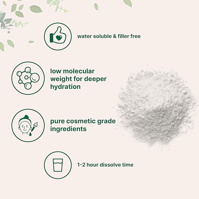 Hyaluronic Acid Serum Powder 100 Grams | Low Molecular Weight Cosmetics Grade | Skin Hydration and Moisture Support Supplements | Vegan Water Soluble (Within 2 Hours)