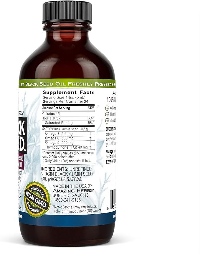 Amazing Herbs Premium Black Seed Oil - Gluten Free Non GMO Cold Pressed Nigella Sativa Aids in Digestive Health Immune Support Brain Function - 4 Fl Oz (Pack of 3)