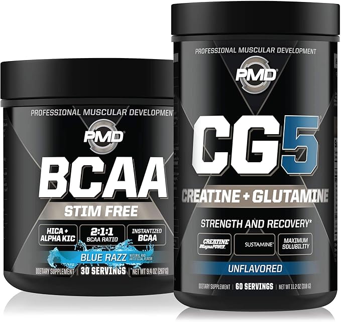 PMD Sports CG5 - Premium Creatine and L-Glutamine Powder (60 Servings) &amp PMD Sports BCAA Stim Free Amino Acids for Enhanced Recovery – Blue Razz (30 Servings)