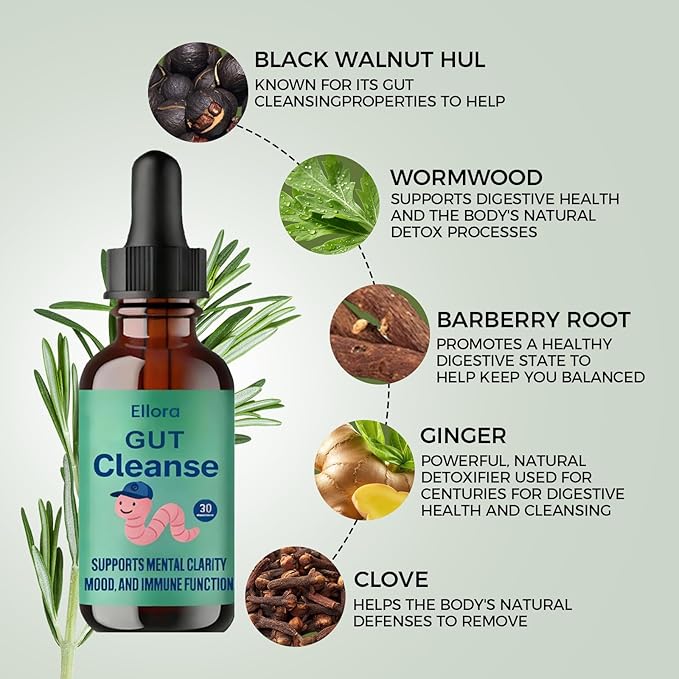ELLORA Gut Cleanse Drops with Black Walnut Hull Wormwood Clove Oregano &amp Licorice Root for Support Gut Digestive &amp Immune Vegan Non-GMO30ML