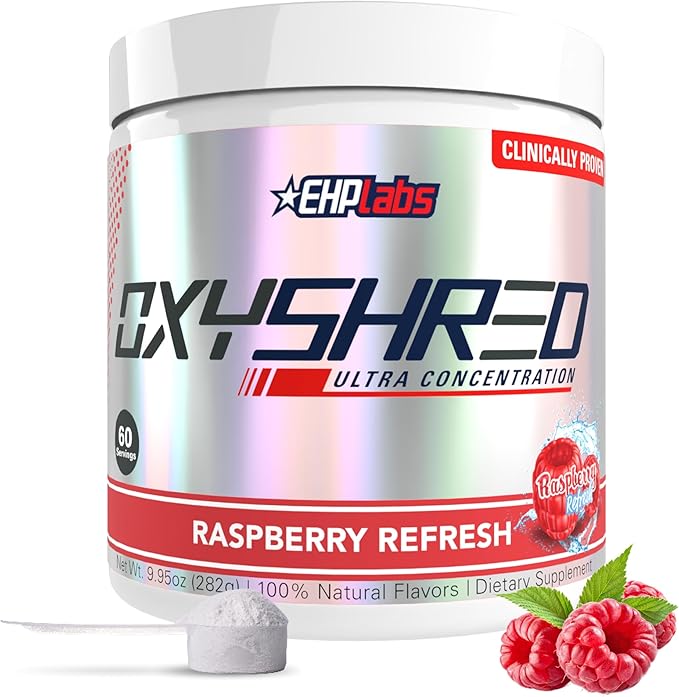 EHP Labs OxyShred Pre Workout Powder - Preworkout Powder with L Glutamine &amp Acetyl L Carnitine Energy Boost Drink - Raspberry Refresh 60 Servings