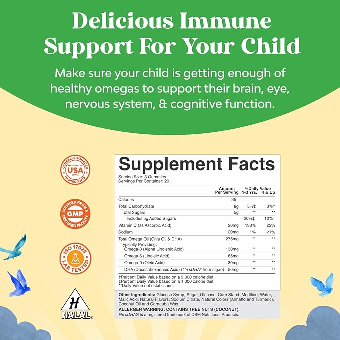 Bundle of Kids DHA Omega 3 Gummies - Fatty Acids Omega 3 6 9 for Brain Immune Strength &amp Vision and Plant Based Kids Multivitamin Gummies with Vitamins A C D3 E B and Zinc for Immunity Support