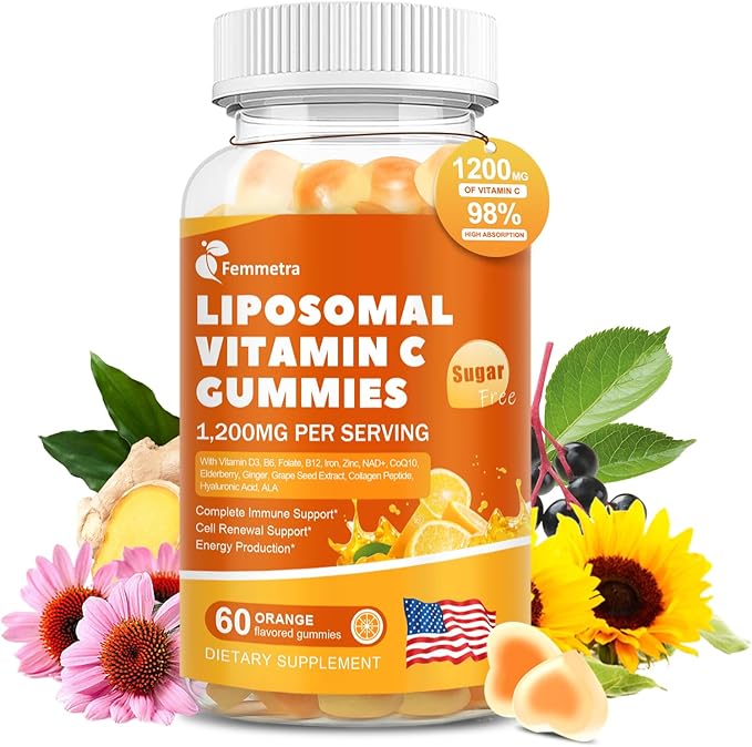 Liposomal Vitamin C Gummies for Adults 1200mg Chewable Vitamin C Supplement with Elderberry Zinc Iron &amp Folate etc - for Immune Support Energy &amp Cell Health Sugar Free Orange Flavor 60 G