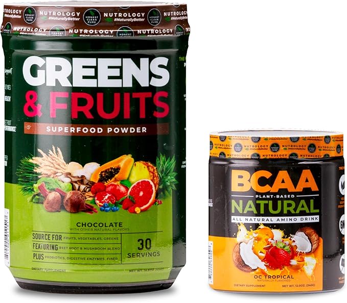 Nutrology Greens &amp Fruits Powder-Naturally Sourced Superfood Chocolate (30 Servings) BCAA Natural Plant Based BCAA Powder Orange Coconut Flavor (30 Servings)