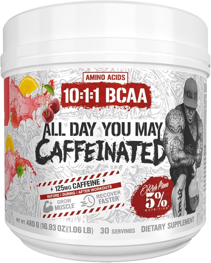 5% Nutrition Rich Piana AllDayYouMay Caffeinated BCAA Energy Powder | Premium Pre Workout Amino Energy &amp Electrolytes | Hydration Endurance &amp Recovery | 16.08 oz 25 Servings (Fruit Punch)