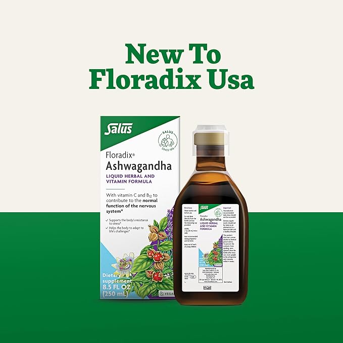 Floradix Ashwagandha Liquid Herbal &amp Vitamin Formula - Herbal Supplement with Ashwagandha Extract Vitamin C B12 &amp More - for Stress Support - Gentle to Digest - Vegan &amp Non-GMO - 8.5 fl