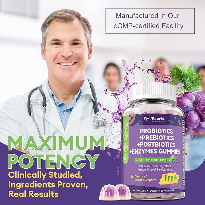 Totaria 2 PCS Sugar Free 5-in-1 Probiotic Prebiotic Postbiotic Gummy 36 Strains Probiotics for Women Men with Digestive Enzymes Peppermint Complete Immune Gut &amp Digestive Support Grape Flavor