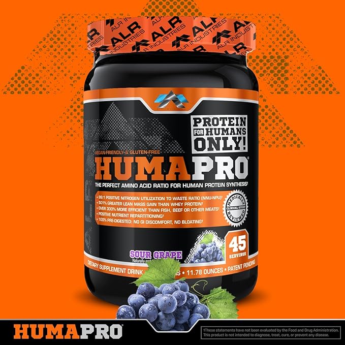 ALR Industries Humapro | Amino Acids Protein Matrix for Humans | 99% Utilization for Lean Muscle | Vegan Gluten Free | 45 Servings (Sour Grape)