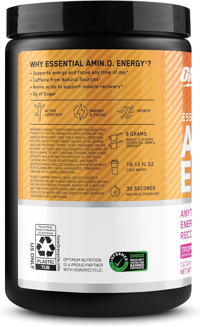 Optimum Nutrition Amino Energy - Pre Workout with Green Tea BCAA Amino Acids Keto Friendly Green Coffee Extract Energy Powder - Tropical Sunrise 9.5 Ounce 30 Servings (Packaging May Vary)