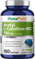 NusaPure Acetyl L-Carnitine 750mg per Caps 150 Veggie Capsules (Non-GMO Vegan) High Potency Acetyl L Carnitine HCL (ALCAR)