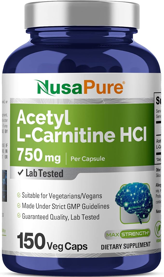 NusaPure Acetyl L-Carnitine 750mg per Caps 150 Veggie Capsules (Non-GMO Vegan) High Potency Acetyl L Carnitine HCL (ALCAR)