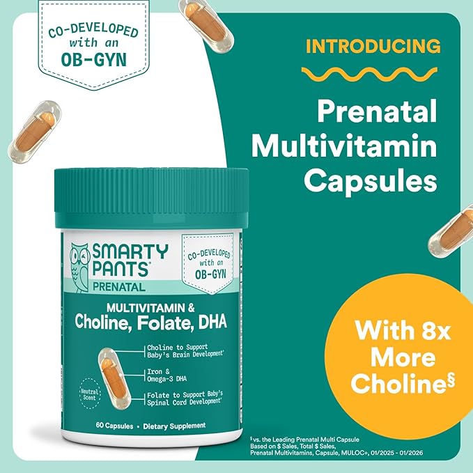 SmartyPants Women’s Prenatal Multivitamin Capsules OB‑GYN Co‑Developed Prenatal Vitamins with Choline Folate Omega 3 DHA &amp Iron for Baby’s Development Gentle on Stomach 60 Count (30 Day Supp