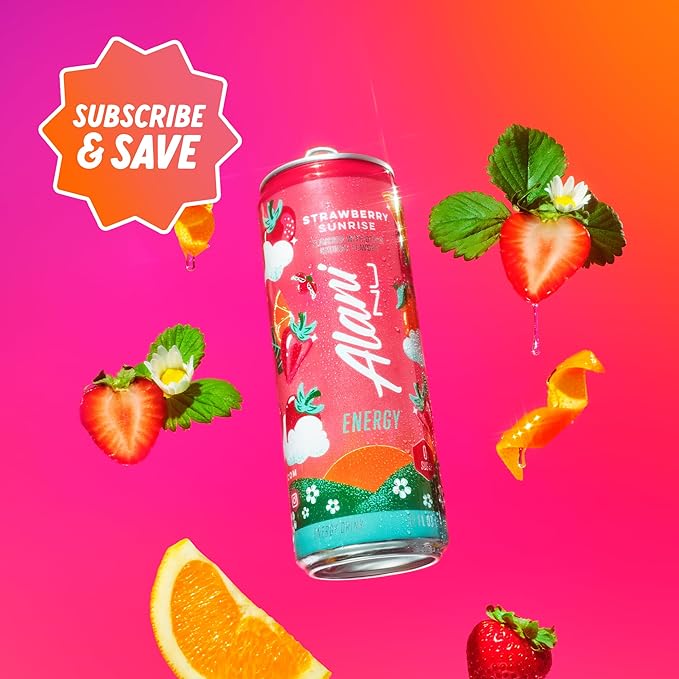 Alani Nu STRAWBERRY SUNRISE Sugar Free Low Calorie Energy Drinks 200mg Caffeine Biotin B Vitamins Zero Sugar 10 Calories 12 Fl Oz Cans 24 Pack