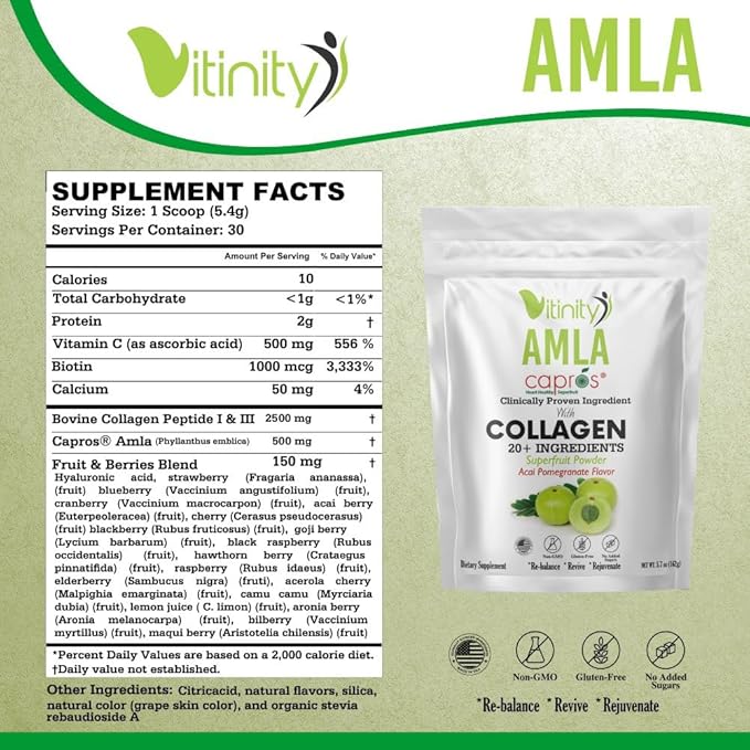 VITINITY AMLA SUPERFOOD 20+Key Ingredients Collagen (Type 1 &amp Type 3) Powder with CLINICALLY Proven Ingredient (AMLA) for AdultsFast-Acting Liquid DELIVERY(30 Day Supply)