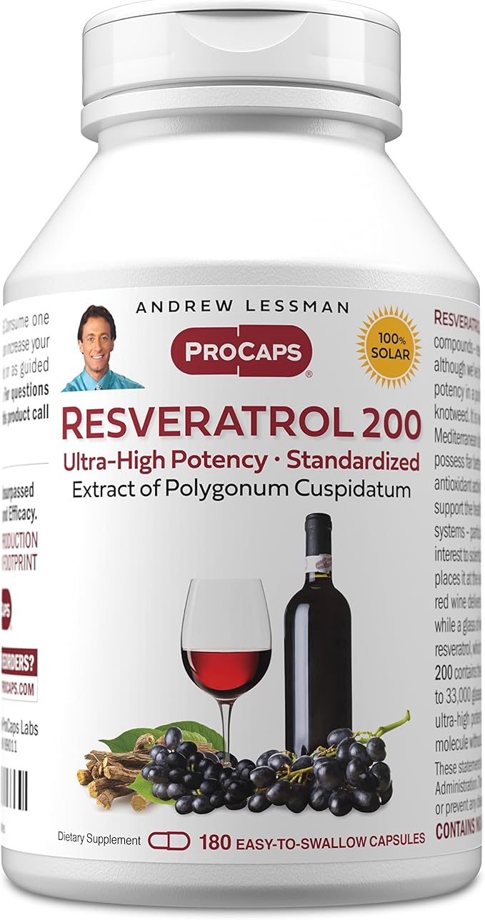ANDREW LESSMAN Resveratrol-200mg - 180 Capsules - Red Wine's Beneficial Naturally Occurring Anti-oxidant Without Alcohol. Additives Free
