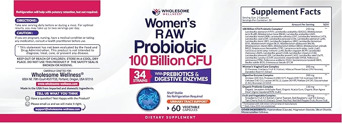Wholesome Wellness Dr. Formulated Raw Probiotics for Women 100 Billion CFUs Capsules with Prebiotics Digestive Enzymes Approved for Adults Shelf Stable Supplement