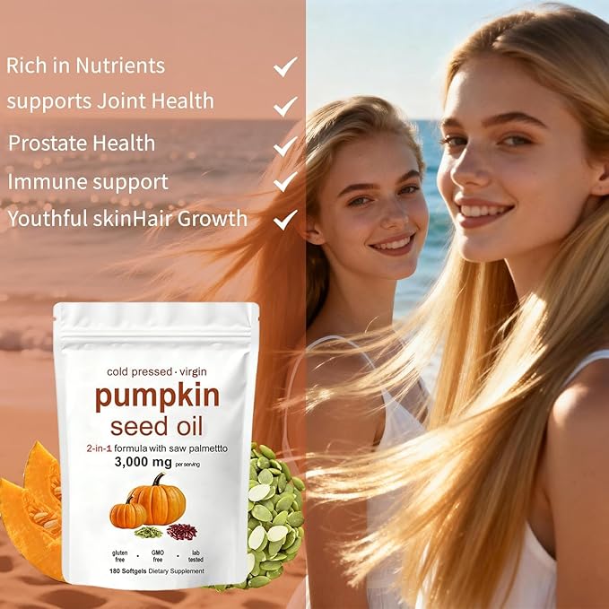 Pumpkin Seed Oil with Saw Palmetto- 3000mg - 300 Softgels -Cold Pressed - Pure Virgin Oil - Essential Fatty Acids &amp Phytosterols - Supports Hair - Urinary - Bladder &amp Prostate Health - Non-GMO