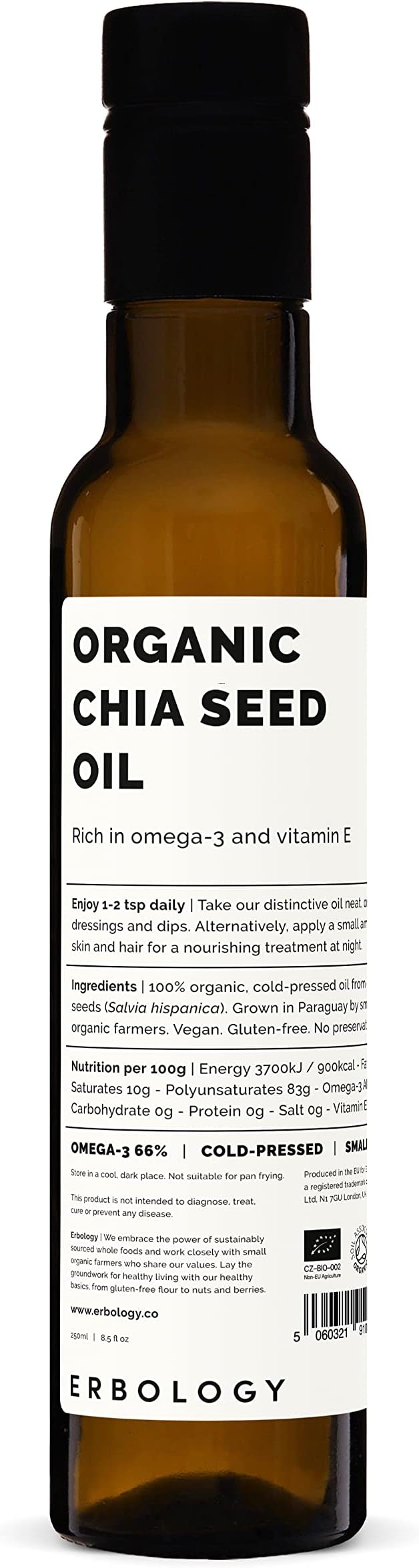 Erbology Organic Chia Seed Oil 8.5 fl oz - Cold-Pressed - Rich in Omega-3 (66%) and Vitamin E (330% RI) - No Additives or Preservatives - Sustainably Sourced - Vegan - GMO-Free
