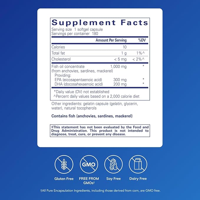 Pure Encapsulations EPA/DHA Essentials - Fish Oil Concentrate Supplement to Support Cardiovascular Health - Premium EPA &amp DHA Supplement with Omega 3 - 180 Softgel Capsules