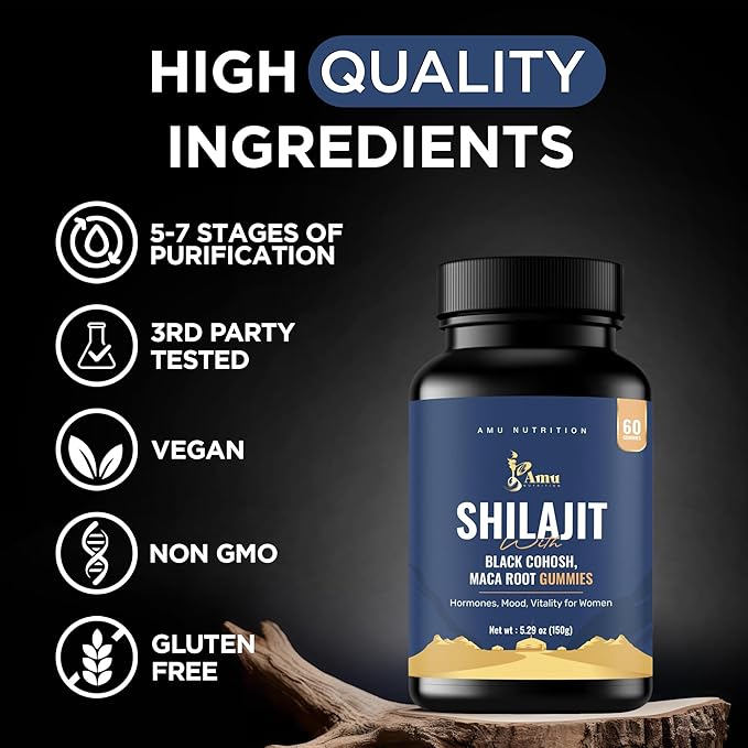 AMU NUTRITION Shilajit Gummies for Men &amp Women with Maca Root &amp Black Cohosh (60 Count (Pack of 1) Maca Root &amp Black Cohosh)