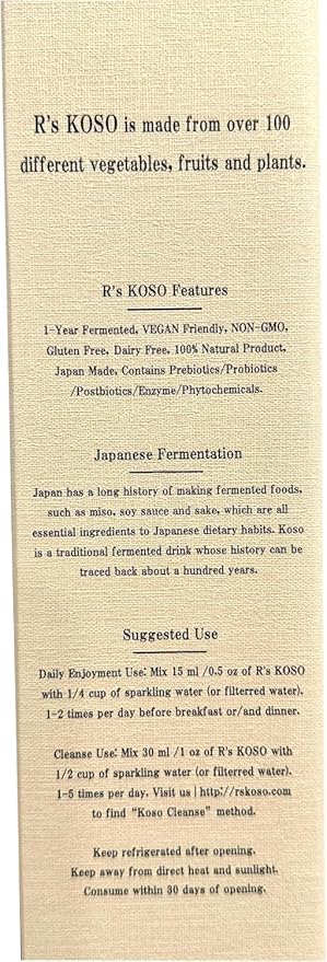 R's KOSO 3-Day Cleanse Japanese Enzyme Drink Rich in Postbiotics Probiotics and Prebiotic Made from 100+ Vegetables ＆ Fruits - Natural Support for Better Digestion &amp Gut Health + Detox - 16oz