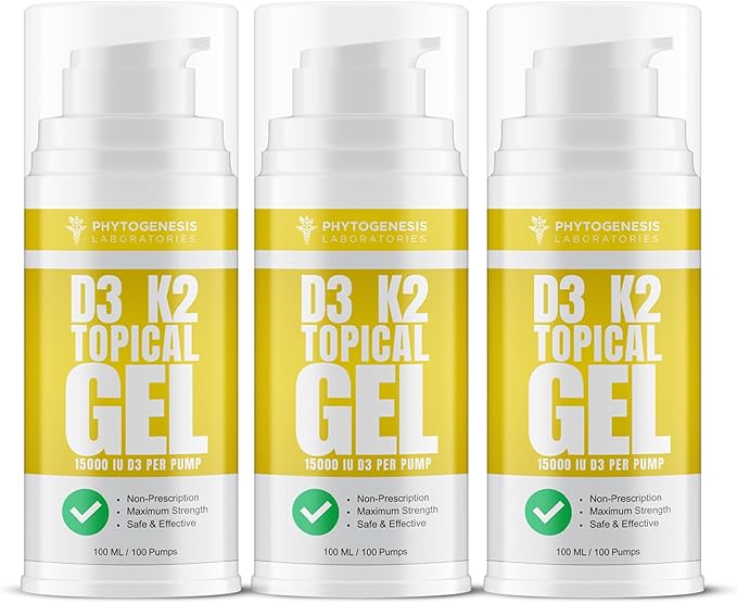 Vitamin D3 K2 Maximum Strength Topical Gel - 15000+ IU Per Pump - The Sunshine Vitamin - Supports Bone &amp Joint Health Immune Support - One Month Supply