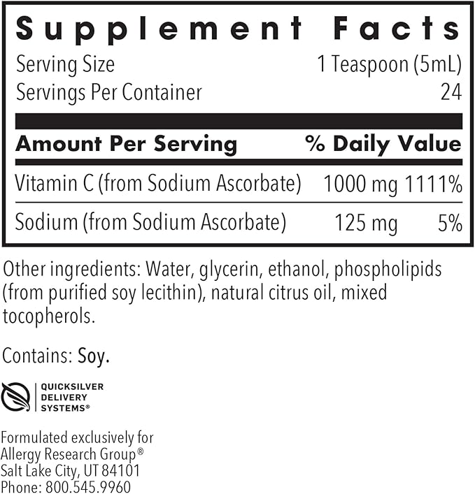 Allergy Research Group Micro Liposomal C 1000mg Supplement - Liquid Vitamin C Sunflower Phospholipids Sodium Ascorbate Organic Bioavailable Non-GMO - 4 Fl Oz