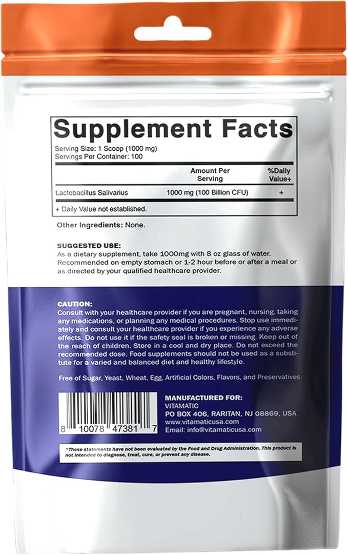 Vitamatic Lactobacillus Salivarius Probiotic Powder - Digestive Support - 100 Gram (3.5 OZ) - 100 Servings
