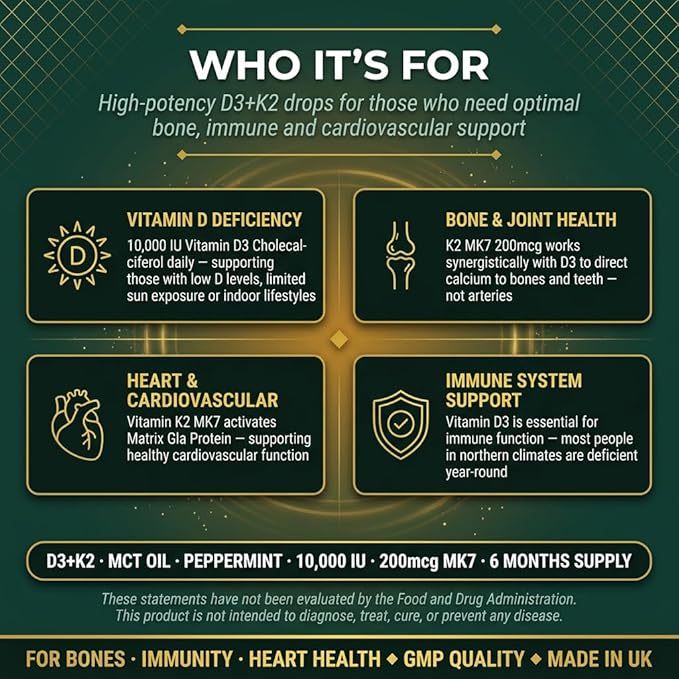 Vitamin D3 + K2 Drops 10000 IU D3 with 200mcg K2 (MK7) Peppermint Flavour Organic MCT Coconut Oil 60mL 6 Month Supply