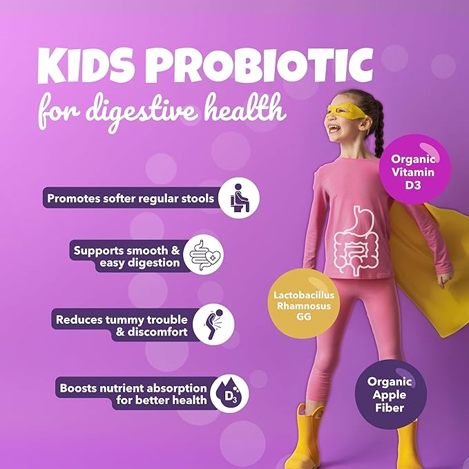 Bio360 Probiotics for Kids - 15 Strains &amp 5 Billion CFU Supports Brain Immune &amp Digestive Health - Kids Probiotic Chewable with Organic Prebiotics for Gut &amp Constipation Mixed Berry Flav
