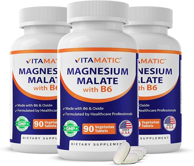 Vitamatic Magnesium Malate 2000mg per Serving - 90 Vegetarian Tablets - Added B6 for Maximum Absorption - Supports Muscle Joint and Heart Health* (3 Bottles Unflavored)