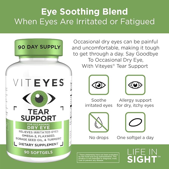 Viteyes Tear Support Eye Soothing Blend Occasional Dry Eye Supplement No Eye Drops Redness Relief Eye Vitamin Allergy Support for Itchy Eyes Omega-3 Fish Oil 90 Softgels