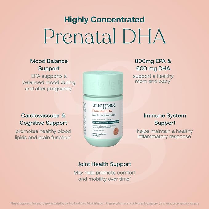 True Grace Prenatal DHA - 60 Softgels - 1400mg of DHA &amp EPA - for Pre-Conception Pregnancy &amp Lactation - Wild Caught &amp Sustainably Sourced - Gluten Free - 30 Servings