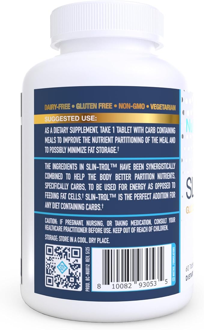 NuEthix Formulations SLIN-Trol Glucose Disposal Agent Pills for Men &amp Women Nutrient Partitioning Supplement with Chromium Polynicotinate &amp Glycine Effective Carb Absorption Non-GMO 60 S
