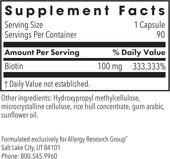 Allergy Research Group ARG HiBiotin - 100 mg Biotin - Supports Energy Metabolism Neurological Health &amp Myelin Synthesis - Hypoallergenic - 90 Servings - 90 Capsules