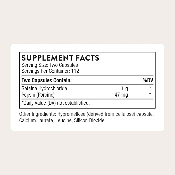 THORNE - Betaine HCL &amp Pepsin - Digestive Enzyme &amp Hydrochloric Acid Supplement for Protein Digestion &amp Occasional Gas or Bloating Relief* - Third-Party Certified - Gluten &amp Dairy-Free