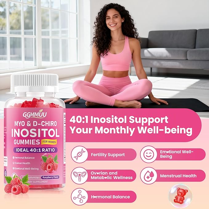 2 Pack Myo-Inositol &amp D-Chiro Inositol Gummies for Women 2000mg + 50mg Ideal 40:1 Ratio with Vitamin D3 Magnesium Glycinate Folate &amp Zinc for Female Raspberry Flavor 120 Count