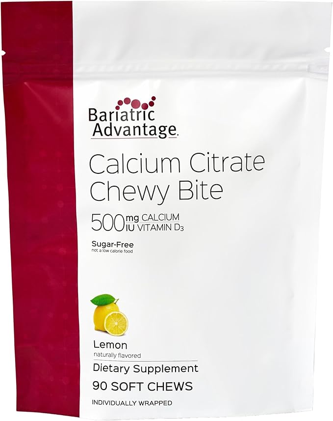 Bariatric Advantage Calcium Citrate Chewy Bites 500 mg - Highly Absorbable &amp Digestible - Vitamin D3 - Easily Chewable Calcium Supplement - Lemon Flavor - 90 Count