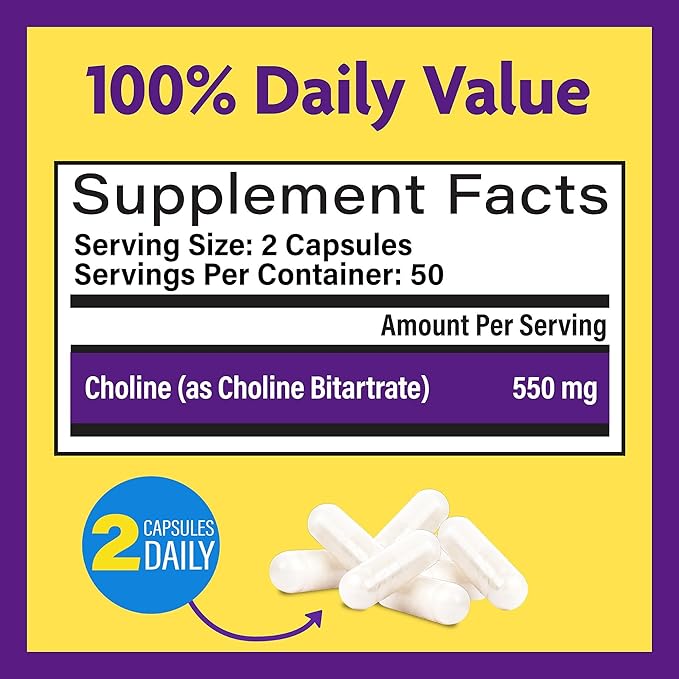 InnovixLabs Choline Supplement 550mg Pure Choline Bitartrate for Brain Health Focus Memory Cognitive Development Fatty Liver and Mood Support for Women and Men 100 Capsules