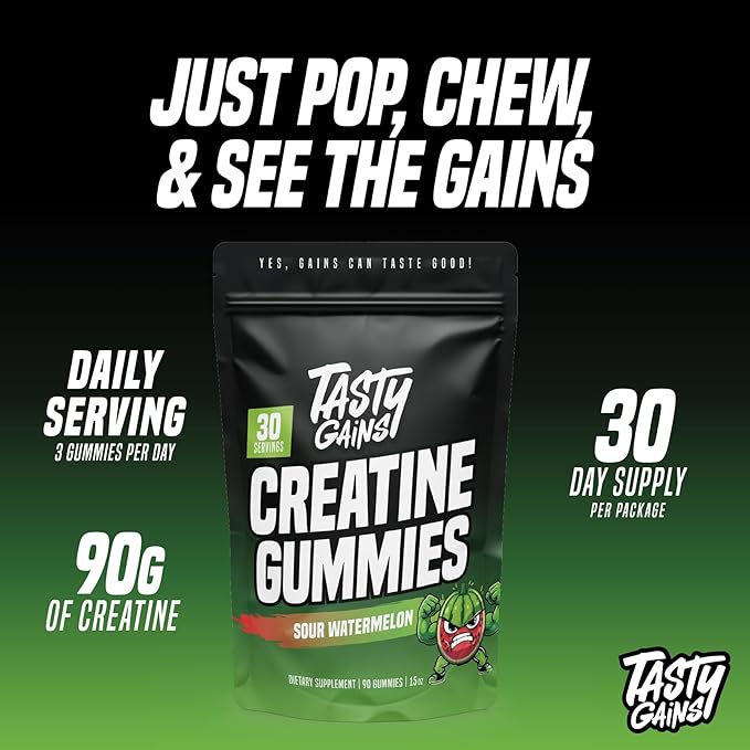 TASTY GAINS Creatine Gummies 90g of Creatine Non-GMO Vegan - Build Muscle &amp Boost Strength for Men &amp Women (1g Creatine Monohydrate Per Gummy) Made in USA (90 Sour Watermelon)