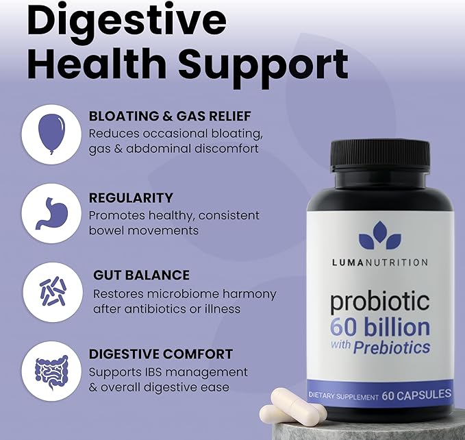 Luma Nutrition Probiotics 60 Billion CFU with Prebiotics - Probiotics for Women and Men - Formulated for Digestive Enzyme Health - Vegan &amp Gluten-Free - 60 Capsules (Pack of 2)