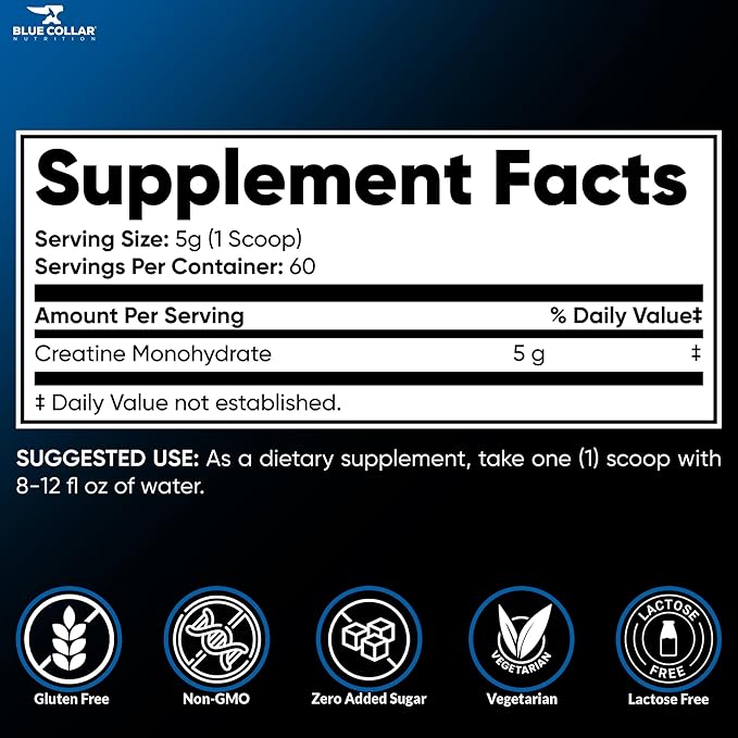 Blue Collar Nutrition Creatine Monohydrate – Easy Dissolves 300g Pre-Workout Unflavored Creatine Powder for Men Helps Boost Performance Increase Strength &amp Speed Up Muscle Recovery (60 Servings