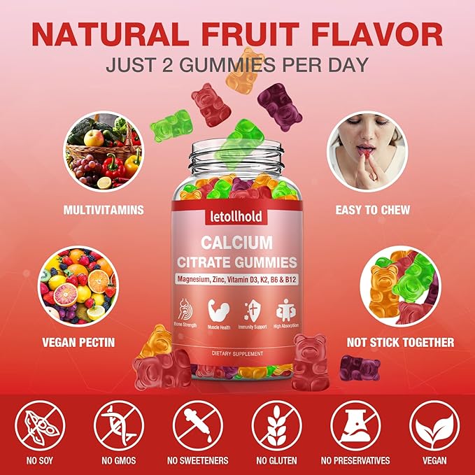 Calcium Citrate Gummies - 1200mg Calcium Gummies with Magnesium Zinc Vitamin D3K2 B6 B12 for Bone Muscle Joints Immune Support High Absorption Calcium Supplements for Women &amp Men 2 Packs