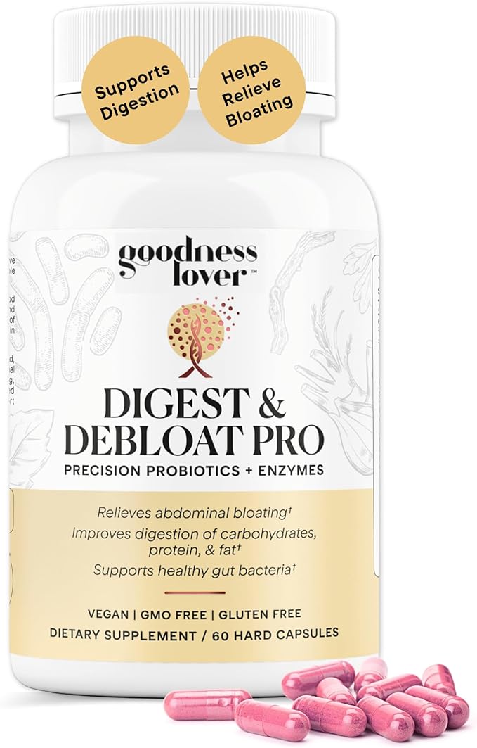 Goodness Lover Digest &amp Debloat Pro Natural Digestive Enzymes Probiotics for Bloating Relief and Gas Relief Probiotic Supplement for Women and Men Vegan Non-GMO 90 Capsules