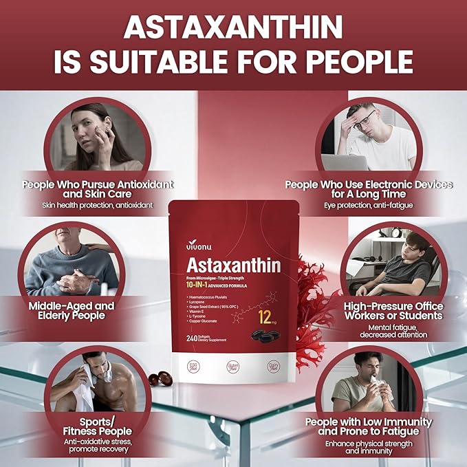10 in 1 Astaxanthin Supplements 12mg 16 Month Supply Astaxantina Antioxidant from Fresh Haematococcus Pluvialis Contains Lycopene Grape Seed Vitamin E More Supports Eye Joints Skin Health 4Bag