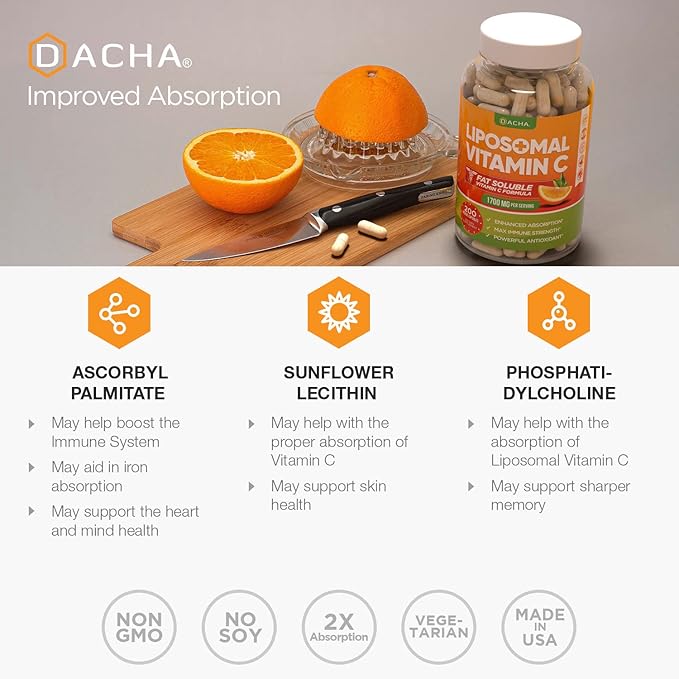 DACHA Natural Liposomal Vitamin C - 1700mg 200 Capsules Immune System &amp Collagen Booster High Absorption Fat Soluble VIT C Buffered Skin Vitamins Vegeterian Vegan