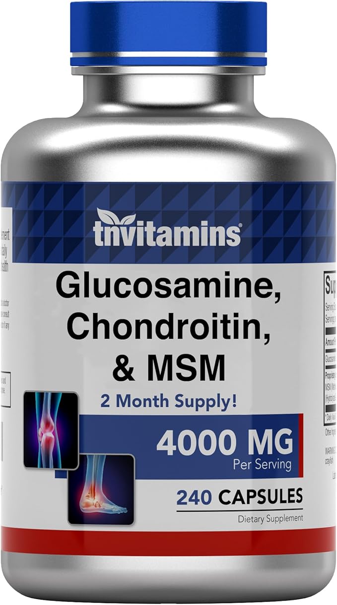 tnvitamins Glucosamine Chondroitin MSM Capsules 240 Count | 4000 mg Per Serving | 2000 mg Glucosamine Sulfate 2KCl + 2000 mg MSM &amp Chondroitin Blend | Joint Support Supplement