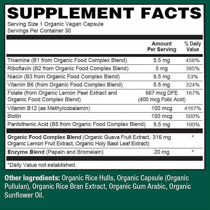 PlantFusion Organic Vitamin B-Complex Vegan Whole Food Supplement for Energy &amp Metabolism Methylated B12 Guava Lemon &amp Basil Non-GMO Gluten-Free - 30 Capsules